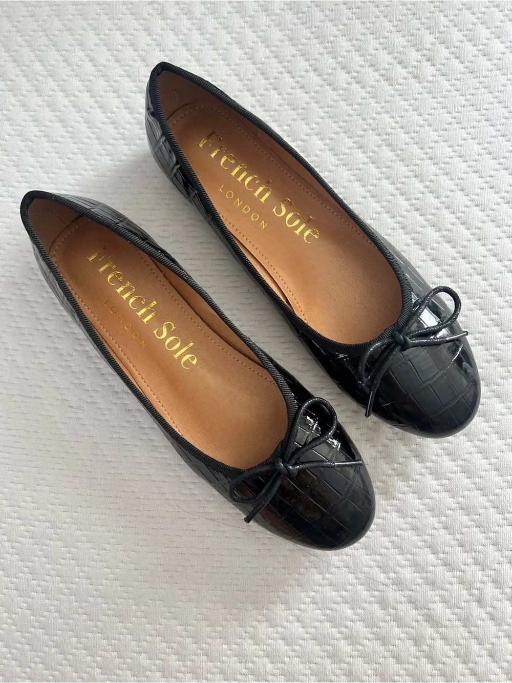 French Sole London Amelie Black Patent Croc Embossed Leather Flats EU 38.5 NEW
